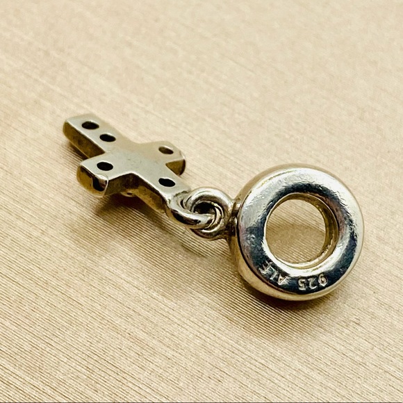 EUC Pandora 790355CZB Sterling Silver Cross Dangle Charm w/ Blue Zirconia - Picture 7 of 8